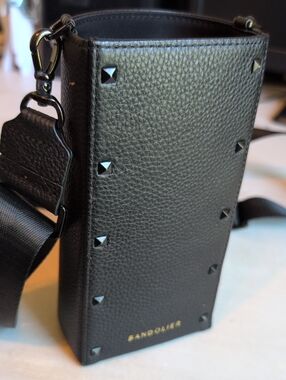 Bandolier Black Pebbled Leather Studded Crossbody Water Bottle Pouch